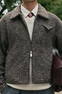 Brown Speckled Wool Zip Up Jacket