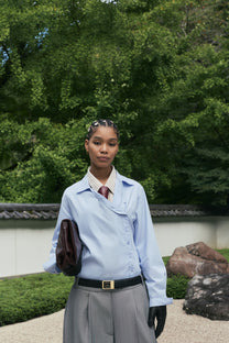 Hattori Asymmetrical Blue Pinstripe Button Up Shirting