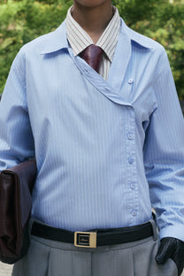 Hattori Asymmetrical Blue Pinstripe Button Up Shirting