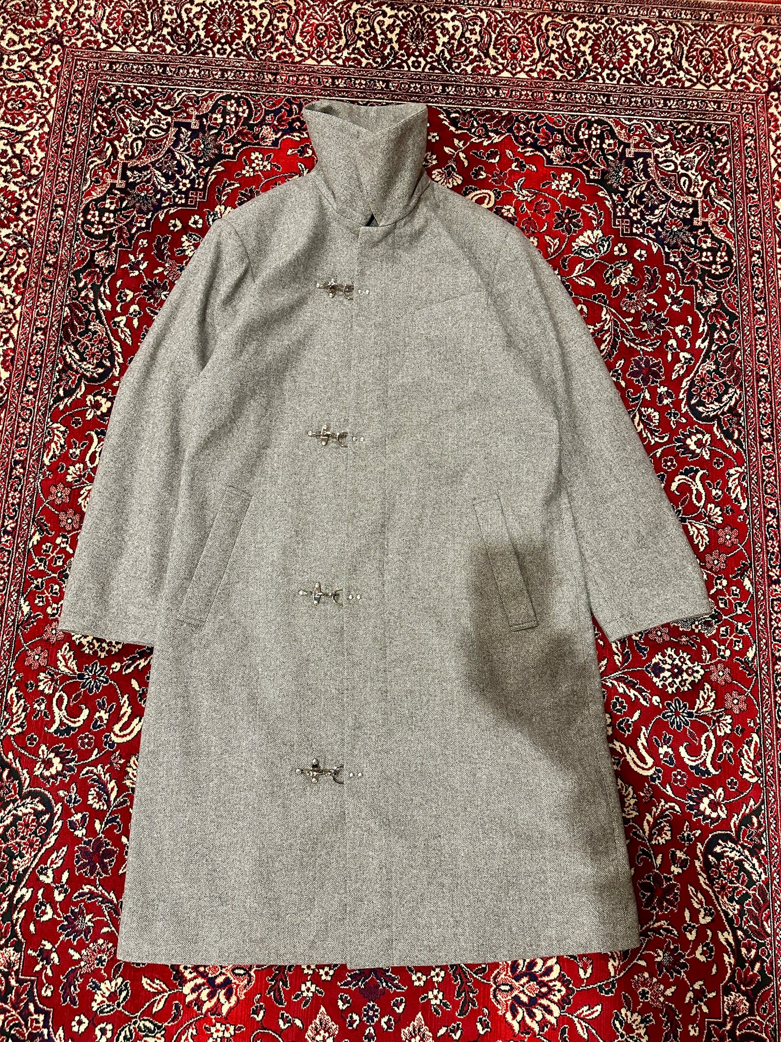 Grey Herringbone Clasp Trench Coat