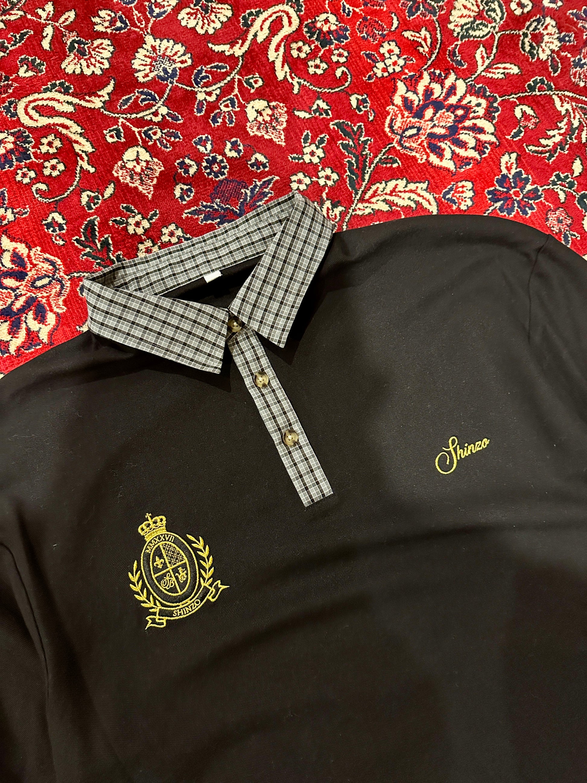 Black Cotton Pique Plaid Polo Longsleeve