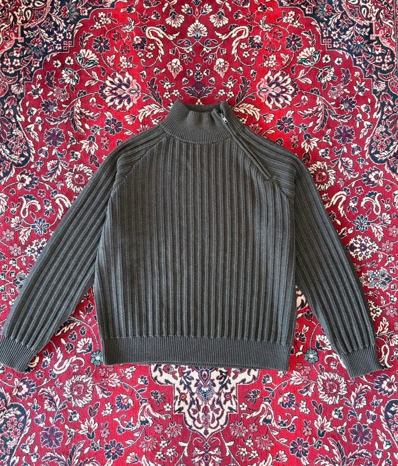 Olive Green Ribbed Knitted Wool Sweater