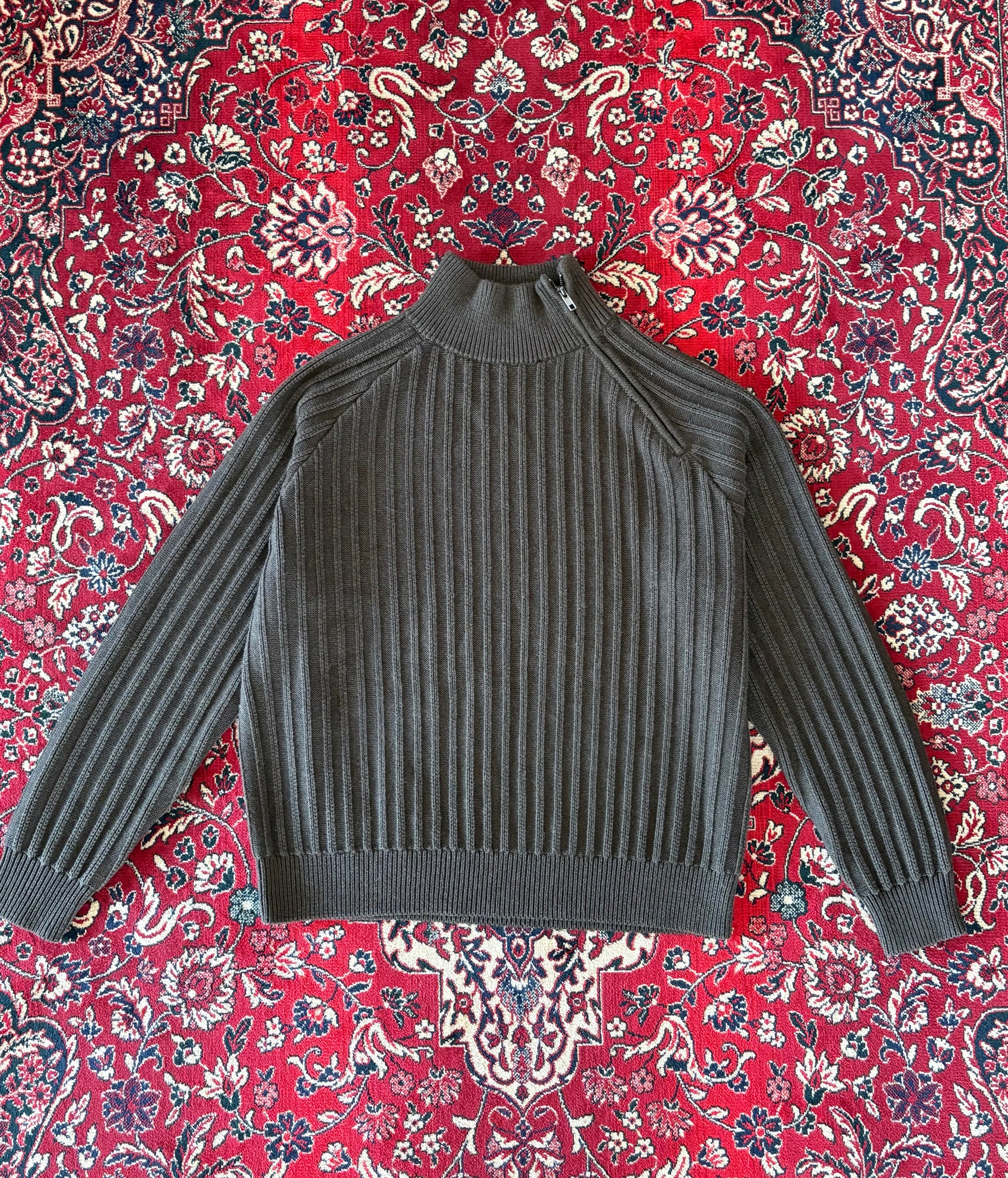 Olive Green Ribbed Knitted Wool Sweater