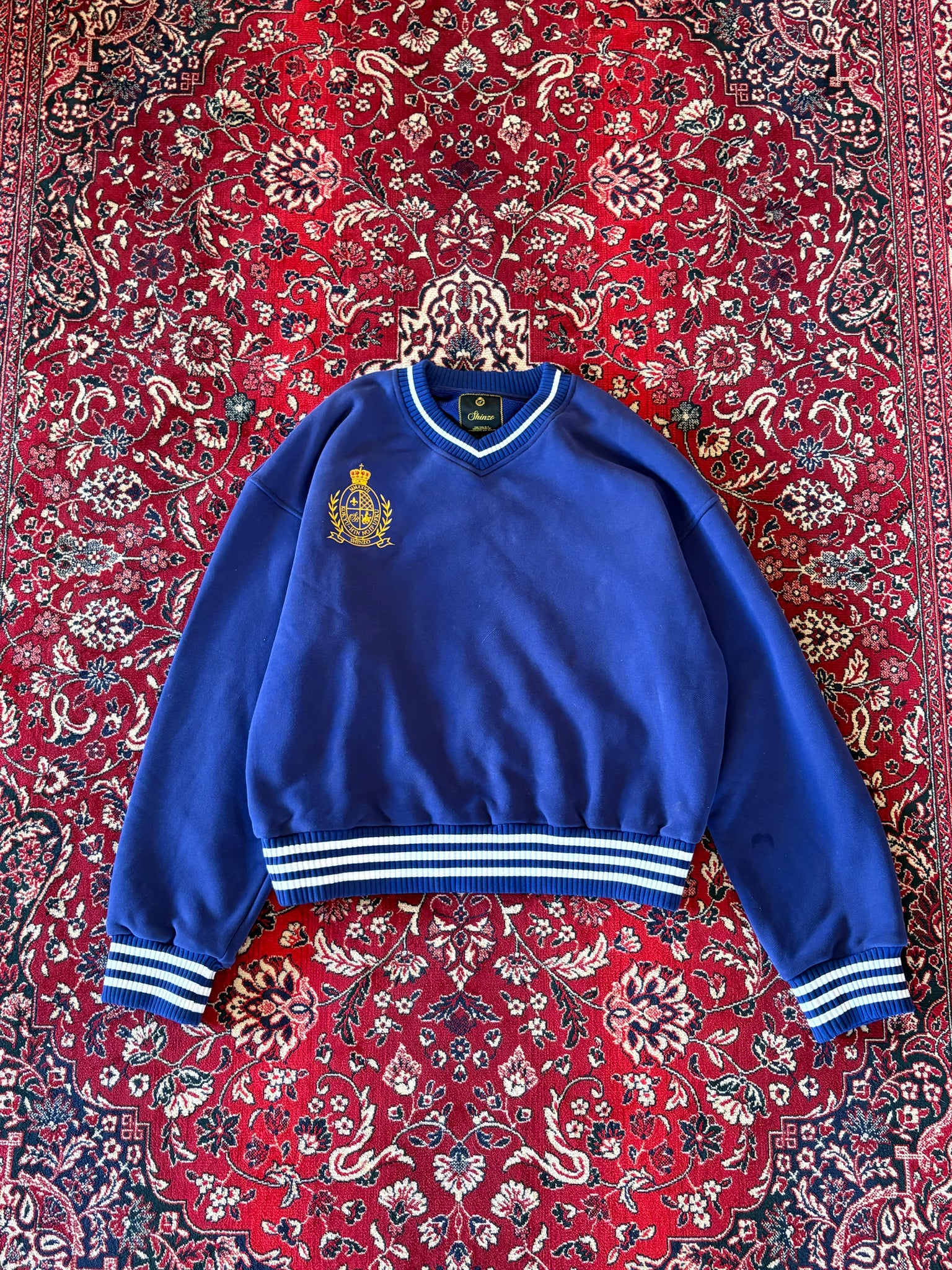 Navy V-Neck Crest Sweater
