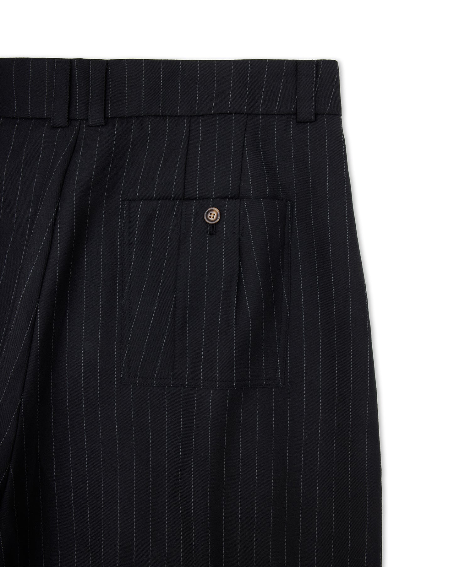 Sūtsu Diamond Pleated Wool Blend Black Pinstripe Trousers